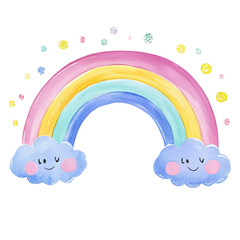 Watercolor illustration of a cute rainbow in pastel clean light blue, pink, violet, yellow colors, soft colors, and minimalistic sparkles around, isolated on a white background