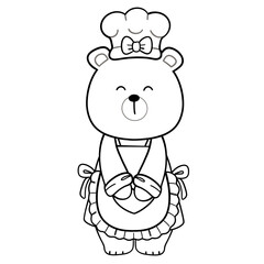 Sweet Chef Teddy Doodle Line Art Illustration