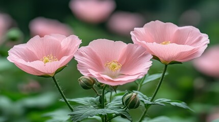 Obraz premium Close-up View of Three Delicate Pink Flowers in Full Bloom