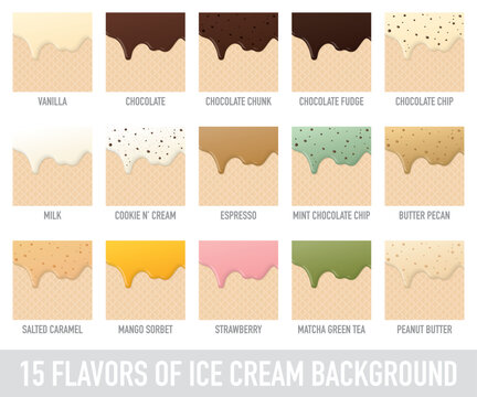Melted various flavors ice cream dropping on ice cream cone texture square background template graphic illustration have blank space.