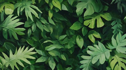 Obraz premium An illustration of overlapping tropical leaves and exotic plants, creating a dynamic and vibrant image