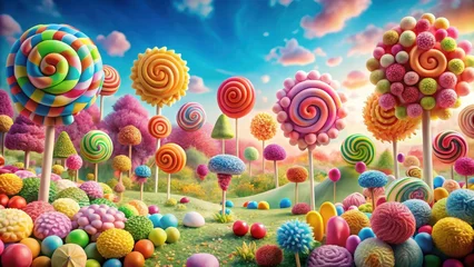 Fotobehang Colorful sugary landscape with gumdrop trees and lollipop flowers, fun, landscape,  fun, landscape, lollipops,candy land © Praphunsak