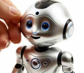 A close-up of a smiling humanoid robot with metallic silver features and blue accents, being gently touched by a human hand, symbolizing technology and human interaction.