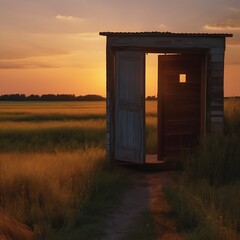 Open Wooden Doorway Sunset Rural Landscape