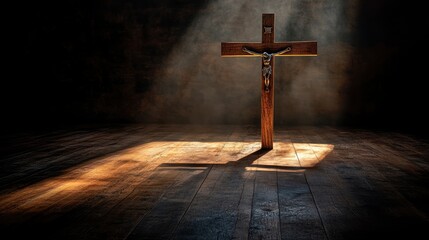 Naklejka premium Scene of the wooden cross with metal Jesus Christ with light and shadow stand on the church floor, good friday, easter, with blank copy space