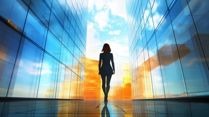 A businesswoman in front of a modern office building with a confident posture illustrations