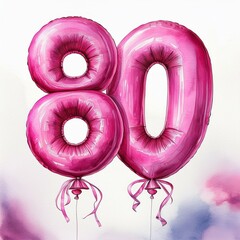 Pink birthday / anniversary party balloon, number 80, watercolor painting with white background