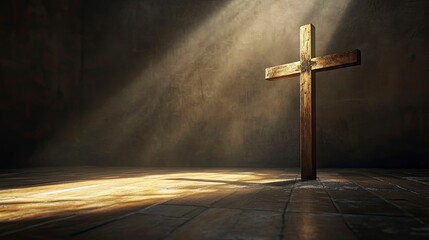 Naklejka premium Scene of the wooden cross with metal Jesus Christ with light and shadow stand on the church floor, good friday, easter, with blank copy space