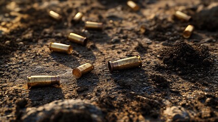 Scattered spent bullet casings glimmer in the sunlight on a dusty ground, creating a stark contrast with the earthy tones.