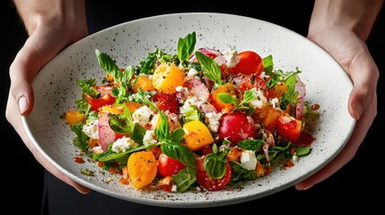 Fresh Italian Salad in White Bowl Colorful Ingredients Healthy Eating Vibrant Colors Culinary Presentation Nutrition Dietary Food Photography Delicious Meal