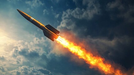 A sleek rocket soaring into the sky, leaving a vibrant trail of flames and smoke against a dramatic backdrop.