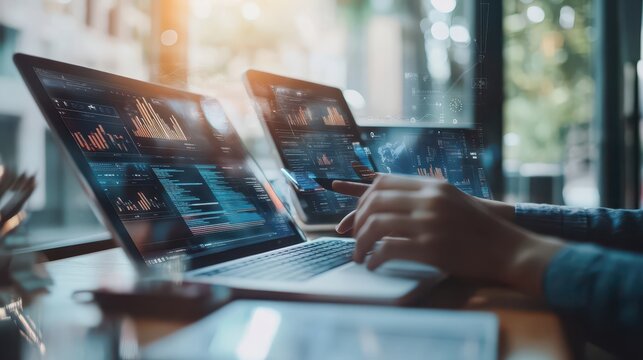 A person working on digital marketing strategies using multiple devices in a stylish office illustrations