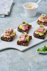 Appetizer, mini sandwiches on rye bread with egg salad, pickled herring and green onions on a white ceramic serving board on a gray concrete background. Sandwich recipes.