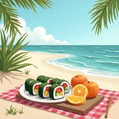 Obraz premium The image is a digital illustration of a tropical beach scene. The background shows a sandy beach with palm trees and the ocean in the distance.
