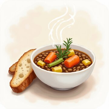 steaming soup bowl with bread clip art preview