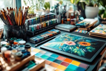 Art studio table with colorful paints brushes and tools