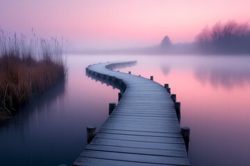 Fototapeta premium Wooden pier extending into a misty lake at sunrise