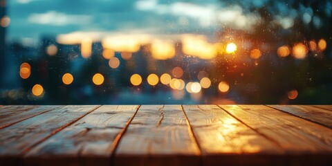 Wooden deck with warm lights and greenery at dusk
