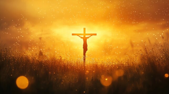 Silhouette of Jesus christ crucifix on cross over heaven sunset concept for catholic religion, christian worship, Christmas, happy Easter Day, Thanksgiving prayer and praise good friday, bible 