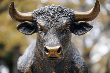 Naklejka premium Closeup of black bull with horns in rural setting