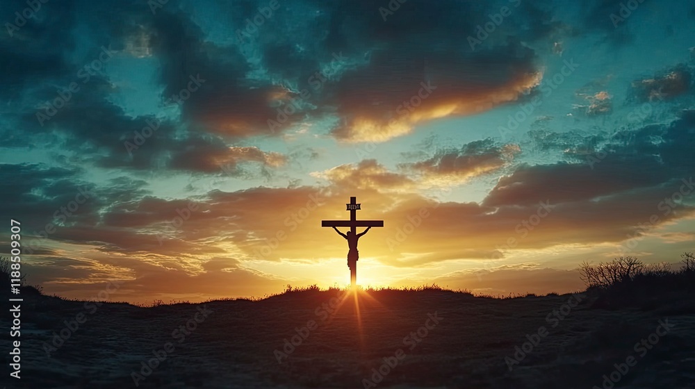 Wall mural Silhouette of Jesus christ crucifix on cross over heaven sunset concept for catholic religion, christian worship, Christmas, happy Easter Day, Thanksgiving prayer and praise good friday, bible 