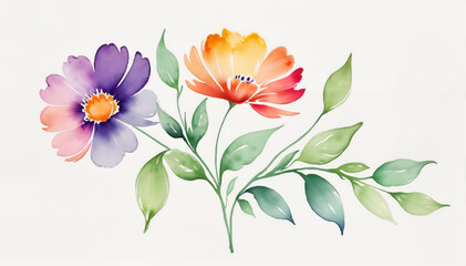 Watercolor illustration of colorful flowers with green leaves hand-painted in vibrant tones for home decor, holiday cards, posters, digital artwork, and floral-themed designs