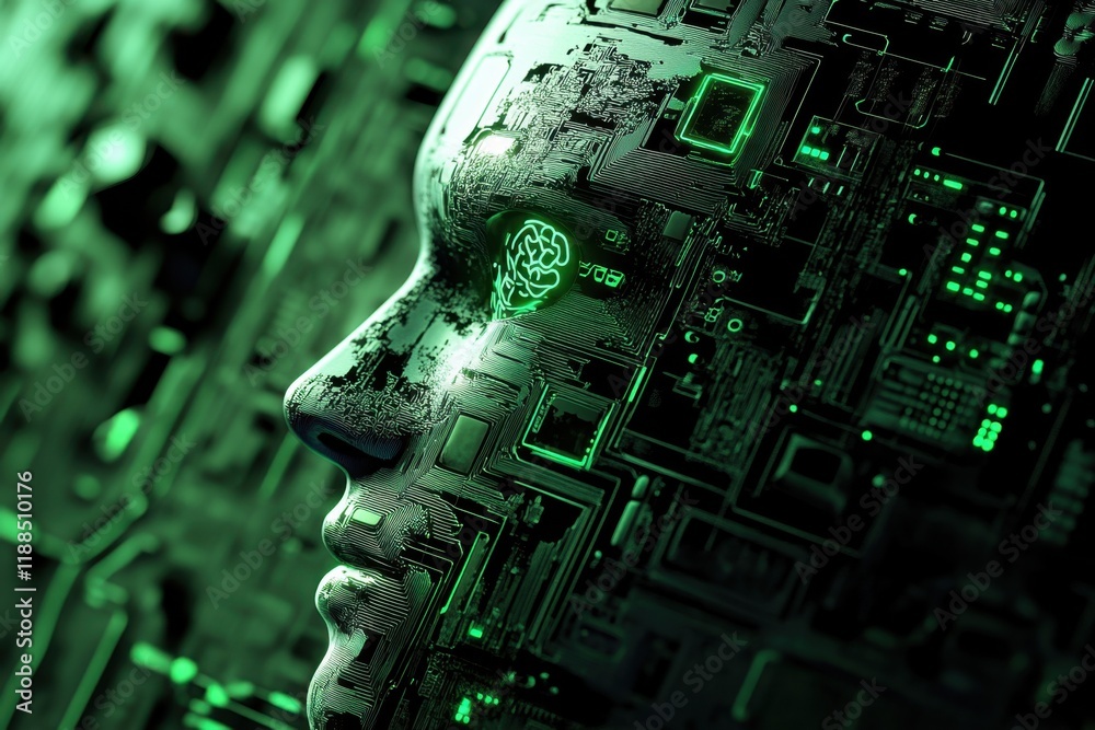 Fototapete digital representation of a human face merging with technology and circuits in green hues