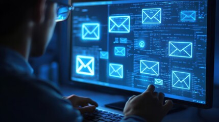 Fototapeta premium Customer service representative responding to inquiries through email and live chat on a computer screen illustrations