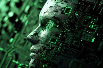 Digital representation of a human face merging with technology and circuits in green hues
