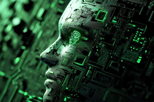 Digital representation of a human face merging with technology and circuits in green hues