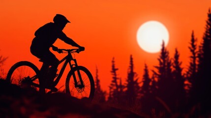 Naklejka premium Silhouette of a Mountain Biker at Sunset