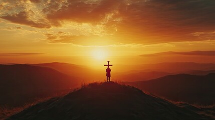 Silhouette of Jesus christ crucifix on cross over heaven sunset concept for catholic religion, christian worship, Christmas, happy Easter Day, Thanksgiving prayer and praise good friday, bible 