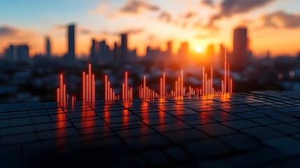 Striking sunset view of a city skyline with illuminated stock market graphs reflecting trading data in vibrant orange tones