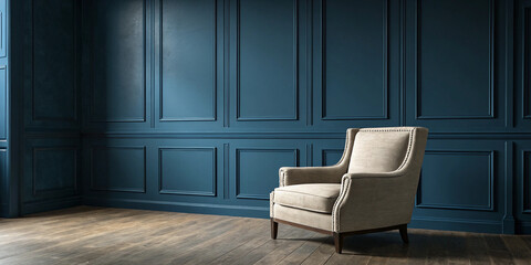 Cozy Armchair Against a Dark Blue Wall Creating a Relaxing Space