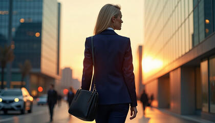 Businesswoman Strolling Through City Sunset