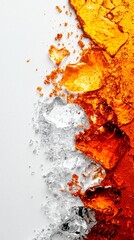 Abstract Orange and Clear Ice Cubes Melting on White Background Cool Summer Drink Concept
