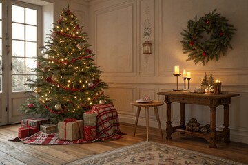 A beautifully lit Christmas tree standing next to a small wooden table adorned with festive linens and ornaments, evergreen branches, red and green colors, holiday decor