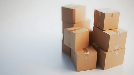 Fototapeta premium Several cardboard boxes stacked in a precise order on a white background.