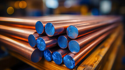 Naklejka premium Metal rods stacked in a warehouse with blue ends, showcasing industrial materials ready for use in manufacturing processes