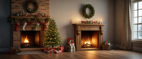 A beautifully decorated pine Christmas tree sits atop a wooden mantel, ornaments, pine christmas tree