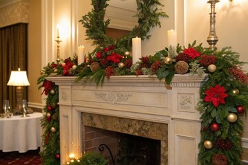 A beautifully decorated mantel with festive decorations and greenery, garland, holiday mantel, elegant style