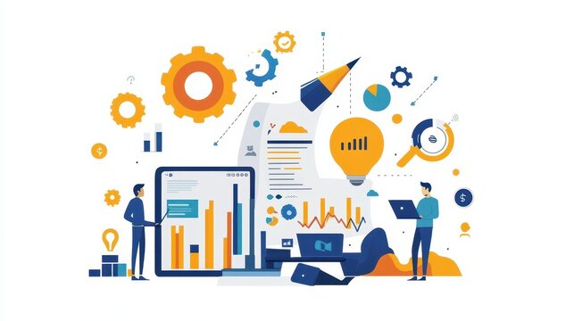 Entrepreneurs working on a business plan for a startup in a shared office space with laptops and digital tools illustrations