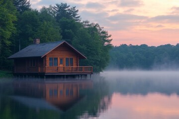 Obraz premium Serene lakeside cabin surrounded by trees at sunset