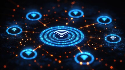 Digital wifi network graphic shows modern tech connectivity. Multiple glowing wifi symbols interconnected in complex pattern. Network connections shown. Design emphasizes security, evolution of tech