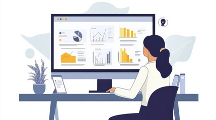 A businesswoman giving a virtual presentation to investors about her company's growth strategy using digital slides illustrations