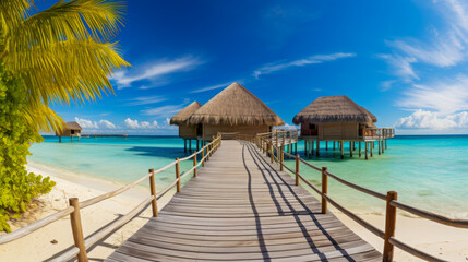 Waterfront huts on a tropical island under a clear blue sky near white sandy beach during sunny weather
