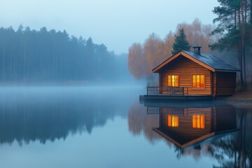 Wooden cabin on a misty lake surrounded by forest