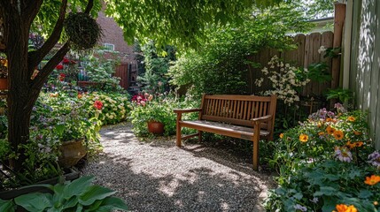 Obraz premium Tranquil Garden Retreat with Wooden Bench Surrounded by Flowers
