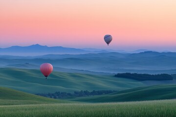 Hot air balloons flying over green hills under a pastel sky