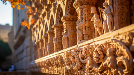 Intricate stone carvings on historical architectural facade at sunset in an ancient location